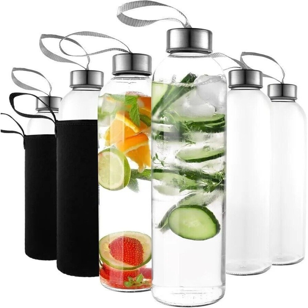 Reusable Water Bottle with Stainless Steel Lid & Black Nylon Protective Sleeve